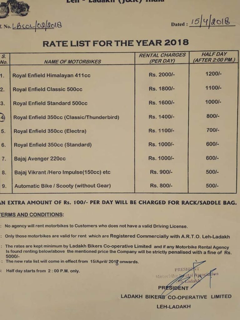leh ladakh bike rental charges - rate list